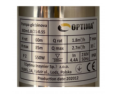 Насос скважинный  с пов,уст, к песку 3  OPTIMA  3SDm1,8/21 0,55 кВт 85м + пульт+кабель 45м NEW